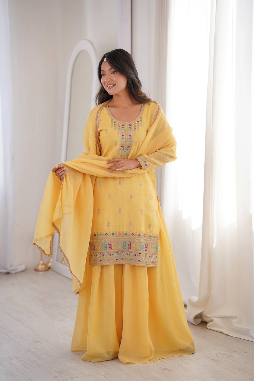 Premium Crunchy Silk Kurti, Sharara & Dupatta