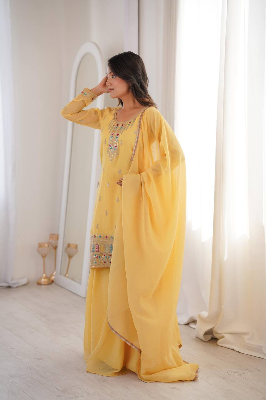 Premium Crunchy Silk Kurti, Sharara & Dupatta
