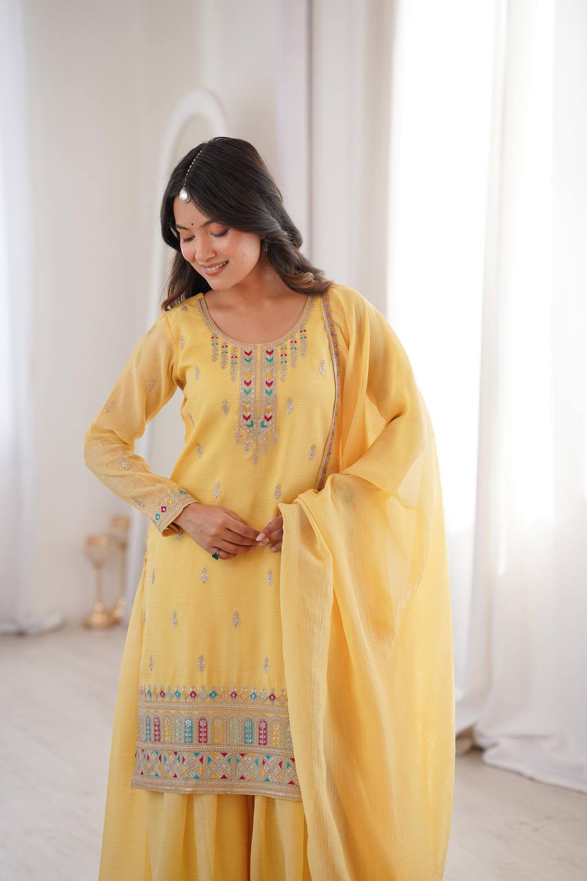 Premium Crunchy Silk Kurti, Sharara & Dupatta