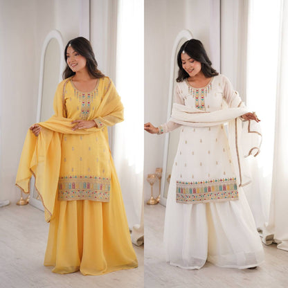 Premium Crunchy Silk Kurti, Sharara & Dupatta