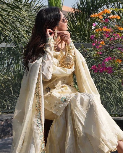 Premium Chinon Silk Top, Sharara & Dupatta – 3mm Sequins Embroidery Work