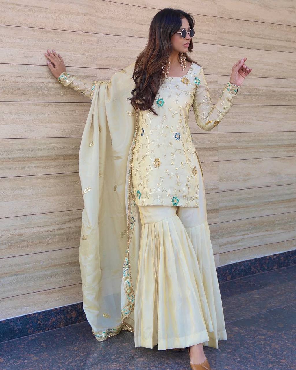 Premium Chinon Silk Top, Sharara & Dupatta – 3mm Sequins Embroidery Work