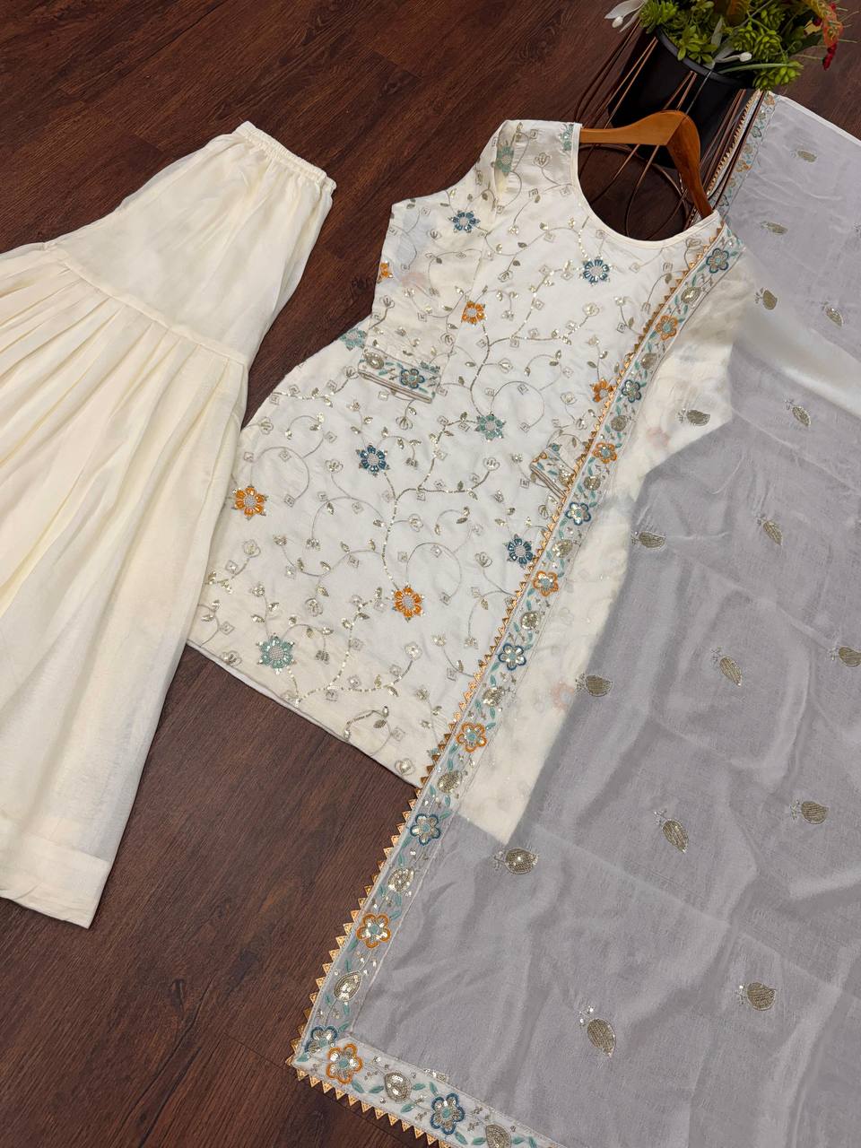Premium Chinon Silk Top, Sharara & Dupatta – 3mm Sequins Embroidery Work