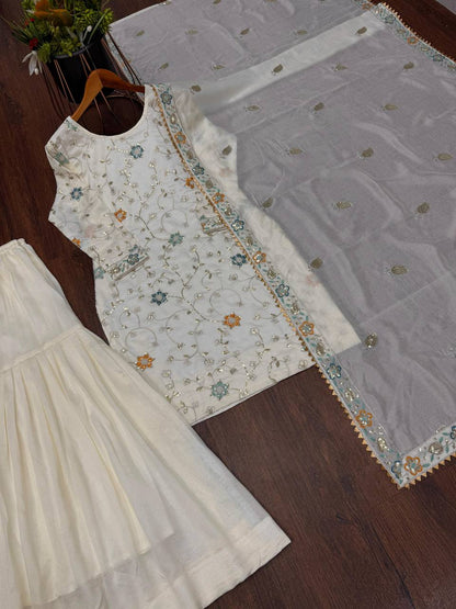 Premium Chinon Silk Top, Sharara & Dupatta – 3mm Sequins Embroidery Work