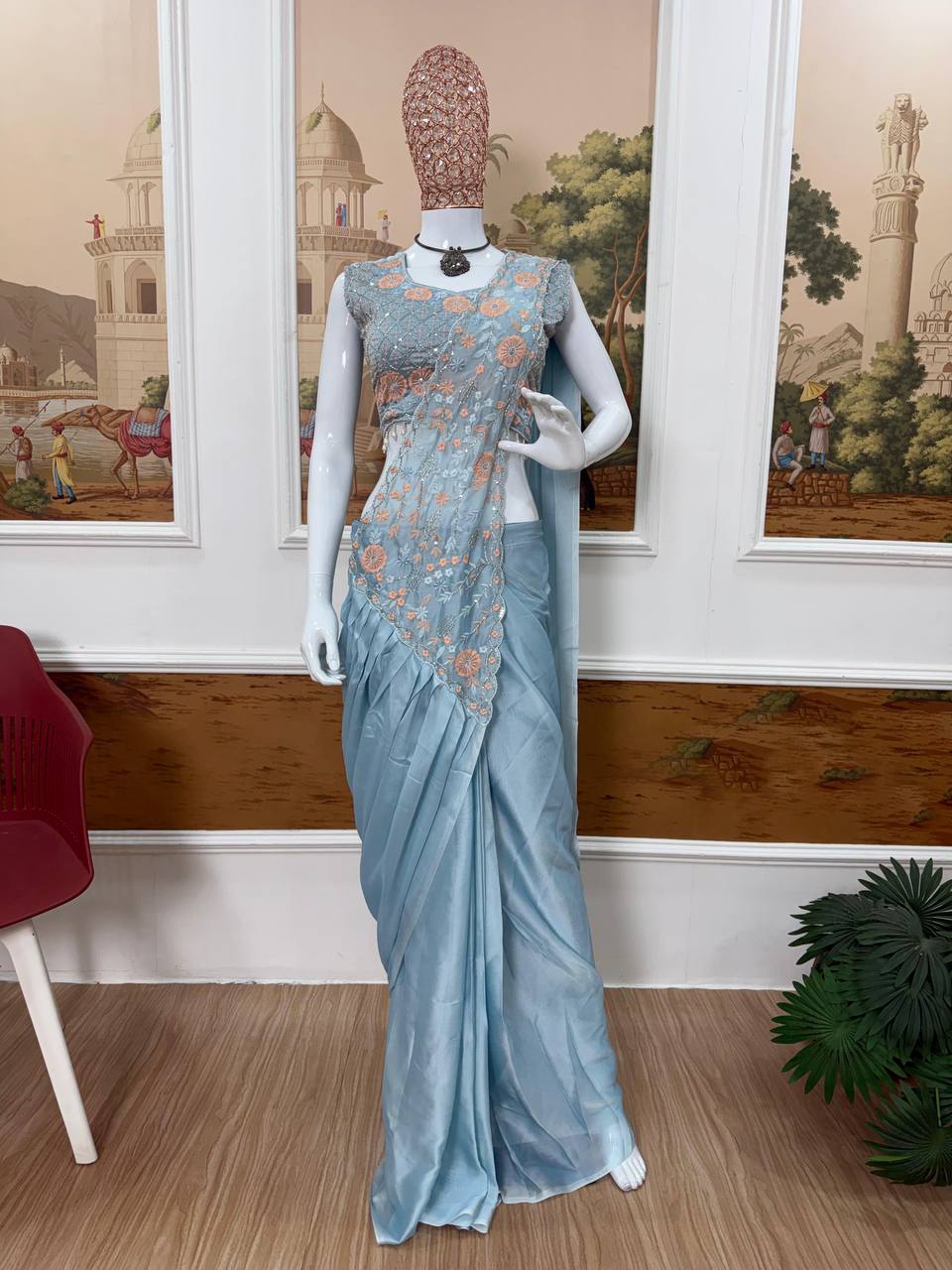 Premium Rangoli Silk Ready‑to‑Wear Saree with Fully Embroidered Blouse