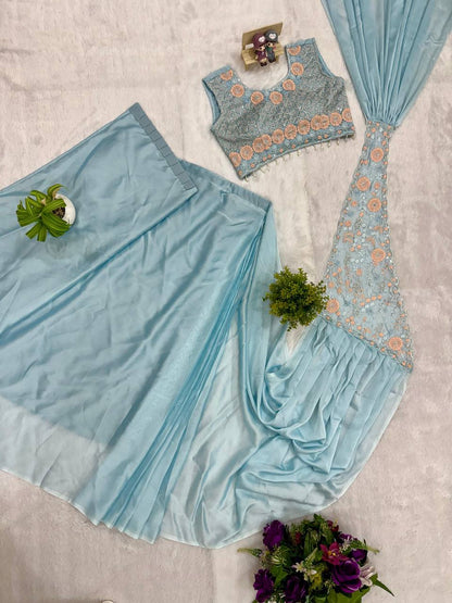 Premium Rangoli Silk Ready‑to‑Wear Saree with Fully Embroidered Blouse