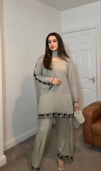 Premium Faux Georgette Top, Farshi Plazzo & Dupatta – Embroidery