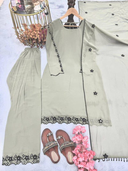 Premium Faux Georgette Top, Farshi Plazzo & Dupatta – Embroidery