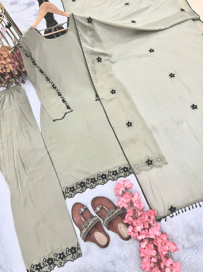 Premium Faux Georgette Top, Farshi Plazzo & Dupatta – Embroidery