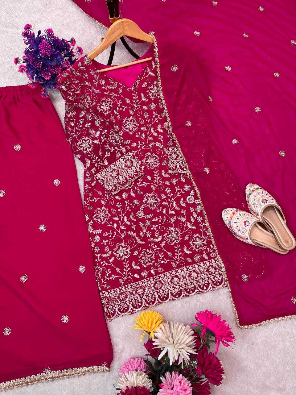 Premium Faux Georgette Top, Plazzo & Dupatta – Heavy Sequins Embroidery