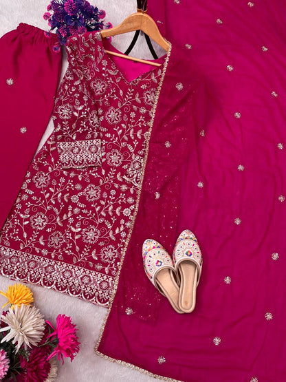 Premium Faux Georgette Top, Plazzo & Dupatta – Heavy Sequins Embroidery