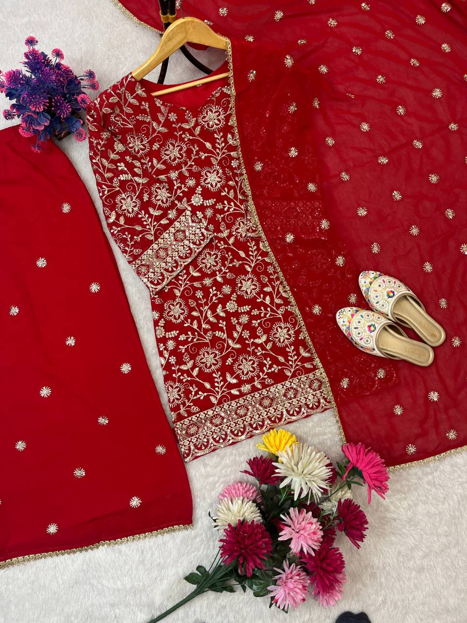 Premium Faux Georgette Top, Plazzo & Dupatta – Heavy Sequins Embroidery