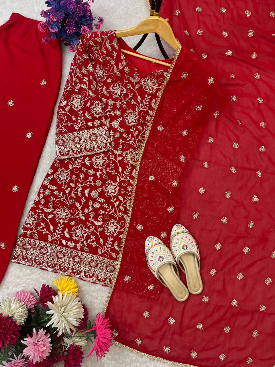 Premium Faux Georgette Top, Plazzo & Dupatta – Heavy Sequins Embroidery