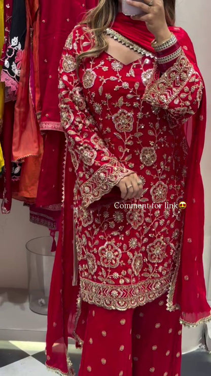 Premium Faux Georgette Top, Plazzo & Dupatta – Heavy Sequins Embroidery