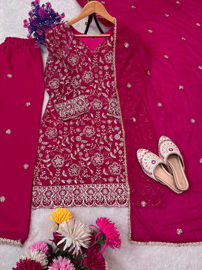 Premium Faux Georgette Top, Plazzo & Dupatta – Heavy Sequins Embroidery