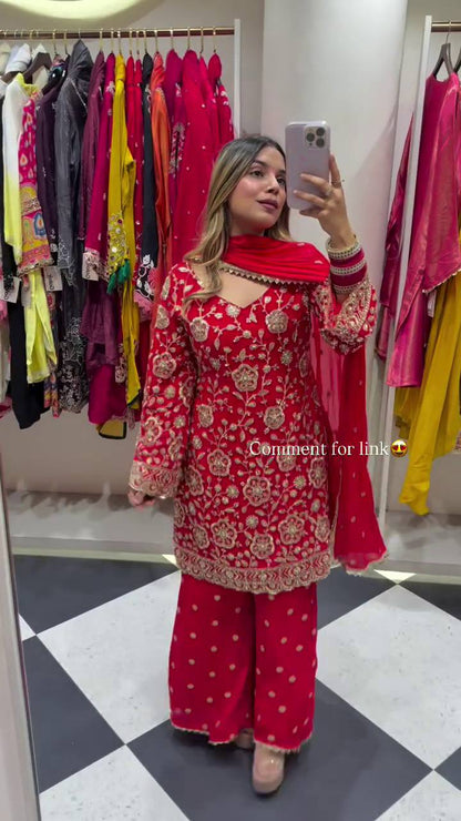 Premium Faux Georgette Top, Plazzo & Dupatta – Heavy Sequins Embroidery