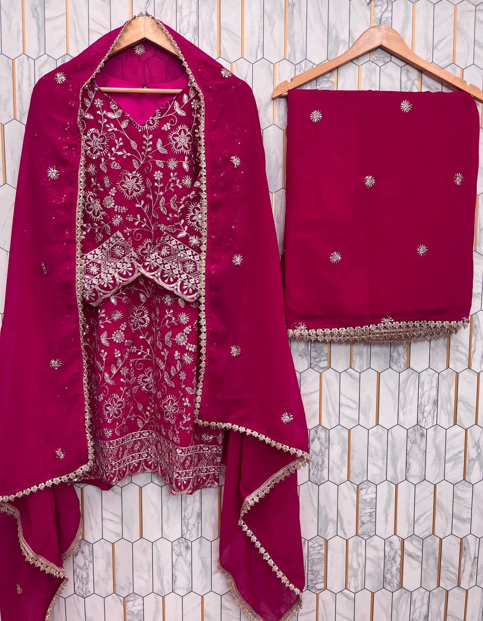 Premium Faux Georgette Top, Plazzo & Dupatta – Heavy Sequins Embroidery