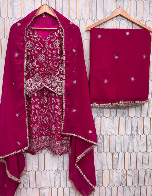Premium Faux Georgette Top, Plazzo & Dupatta – Heavy Sequins Embroidery