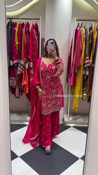 Premium Faux Georgette Top, Plazzo & Dupatta – Heavy Sequins Embroidery