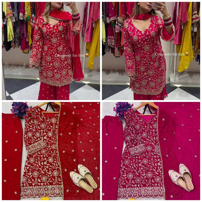 Premium Faux Georgette Top, Plazzo & Dupatta – Heavy Sequins Embroidery