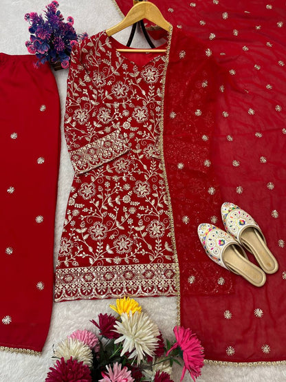 Premium Faux Georgette Top, Plazzo & Dupatta – Heavy Sequins Embroidery