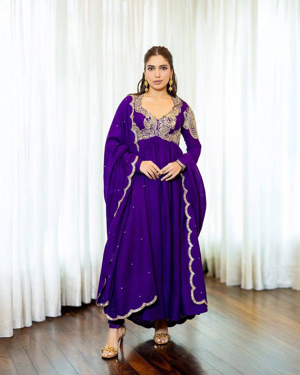 Premium Chinon Silk Anarkali Gown & Dupatta – Zari, Thread & 5mm Sequins Embroidery