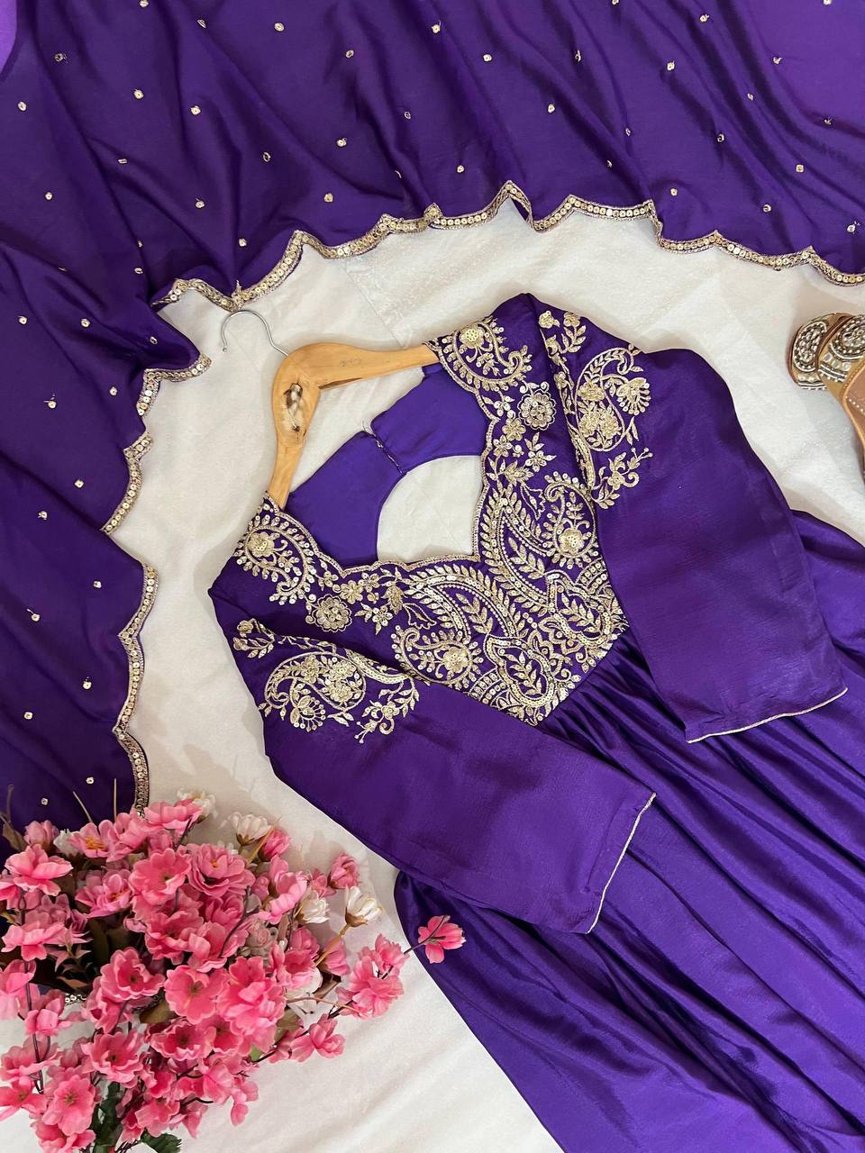 Premium Chinon Silk Anarkali Gown & Dupatta – Zari, Thread & 5mm Sequins Embroidery