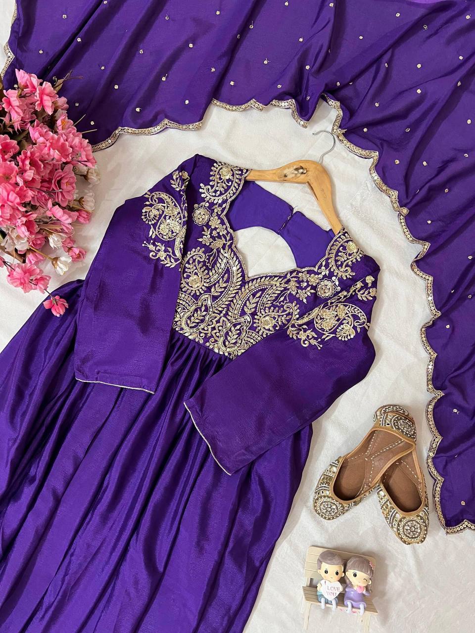 Premium Chinon Silk Anarkali Gown & Dupatta – Zari, Thread & 5mm Sequins Embroidery