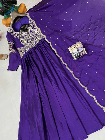 Premium Chinon Silk Anarkali Gown & Dupatta – Zari, Thread & 5mm Sequins Embroidery