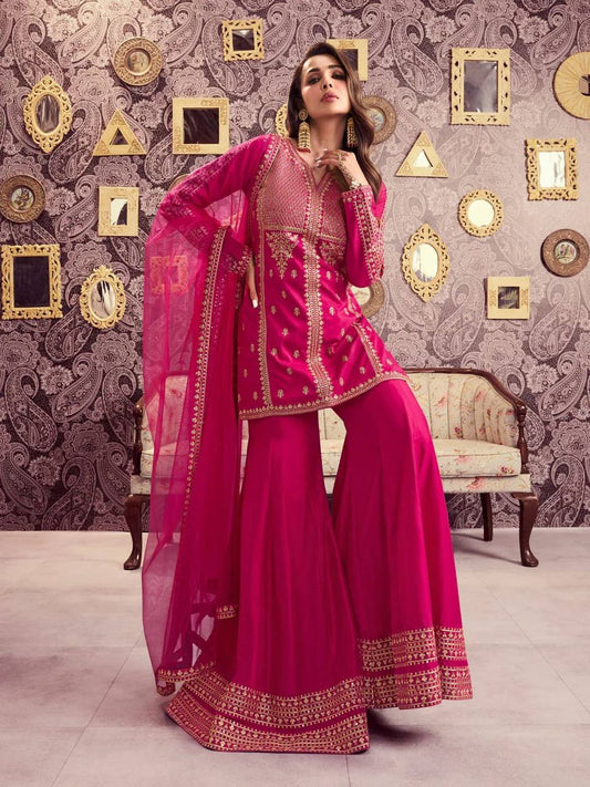 Premium Viscose Chanderi Silk Kurta, Plazzo & Net Dupatta