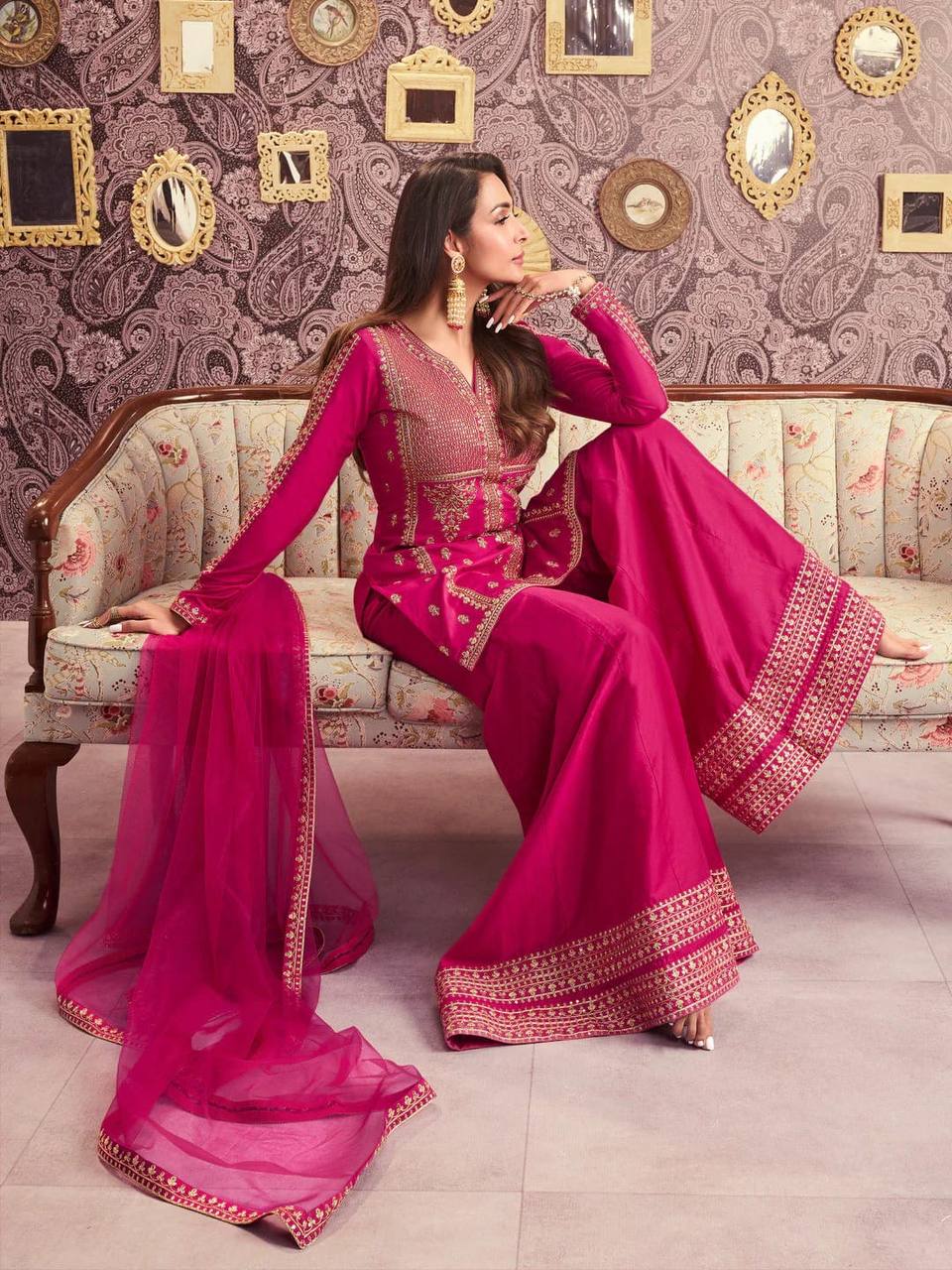 Premium Viscose Chanderi Silk Kurta, Plazzo & Net Dupatta
