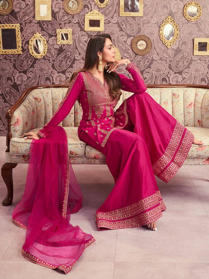 Premium Viscose Chanderi Silk Kurta, Plazzo & Net Dupatta