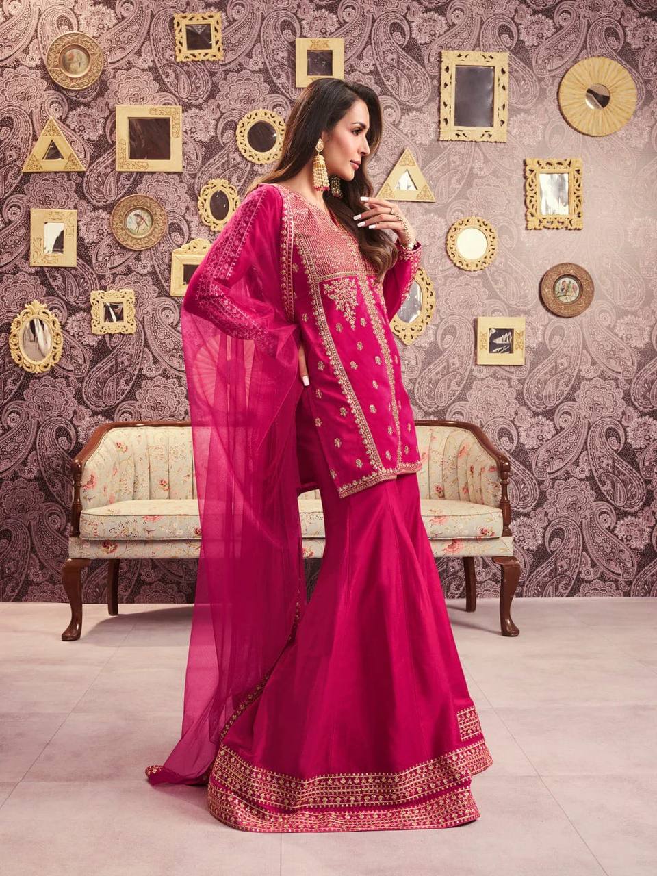 Premium Viscose Chanderi Silk Kurta, Plazzo & Net Dupatta