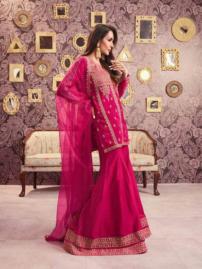 Premium Viscose Chanderi Silk Kurta, Plazzo & Net Dupatta