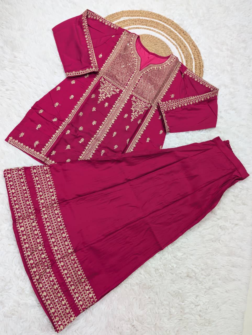 Premium Viscose Chanderi Silk Kurta, Plazzo & Net Dupatta