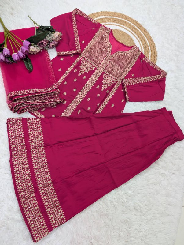 Premium Viscose Chanderi Silk Kurta, Plazzo & Net Dupatta