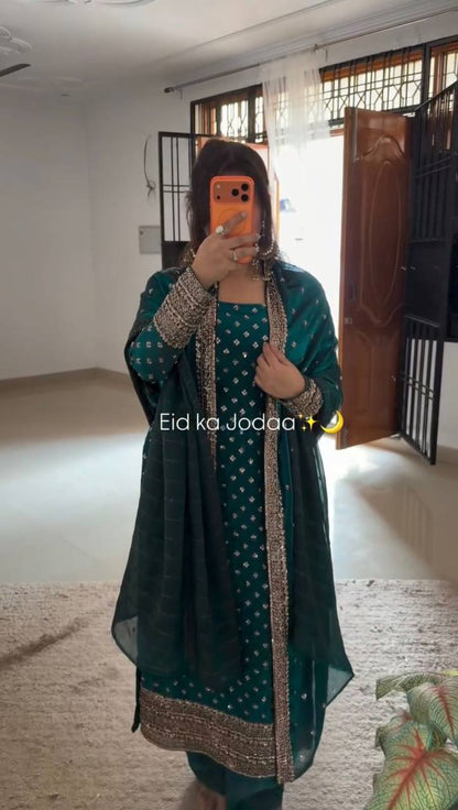 Premium Fendy Silk Top, Pant & Dupatta – Thread & Sequins Embroidery Work