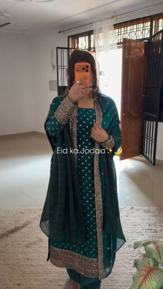 Premium Fendy Silk Top, Pant & Dupatta – Thread & Sequins Embroidery Work