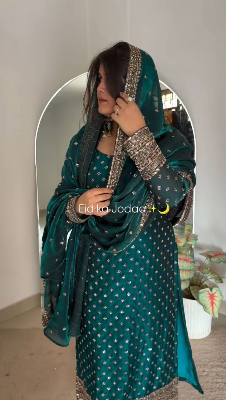 Premium Fendy Silk Top, Pant & Dupatta – Thread & Sequins Embroidery Work