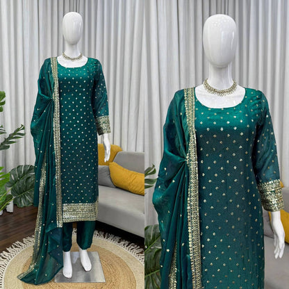 Premium Fendy Silk Top, Pant & Dupatta – Thread & Sequins Embroidery Work