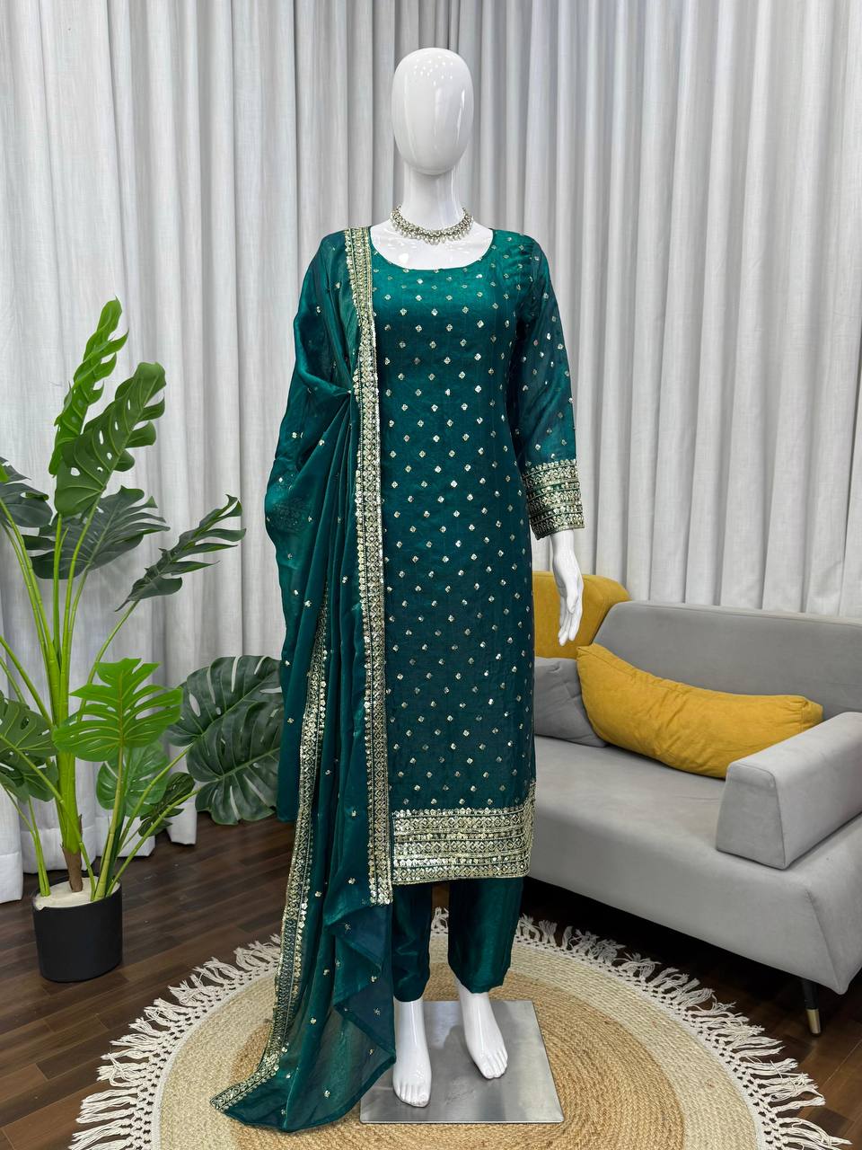 Premium Fendy Silk Top, Pant & Dupatta – Thread & Sequins Embroidery Work