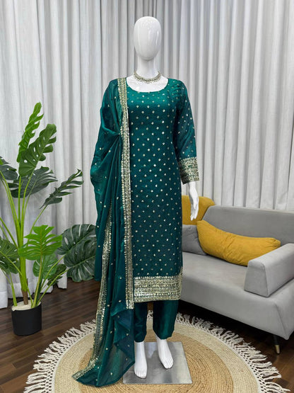 Premium Fendy Silk Top, Pant & Dupatta – Thread & Sequins Embroidery Work