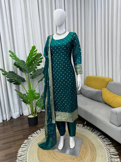 Premium Fendy Silk Top, Pant & Dupatta – Thread & Sequins Embroidery Work