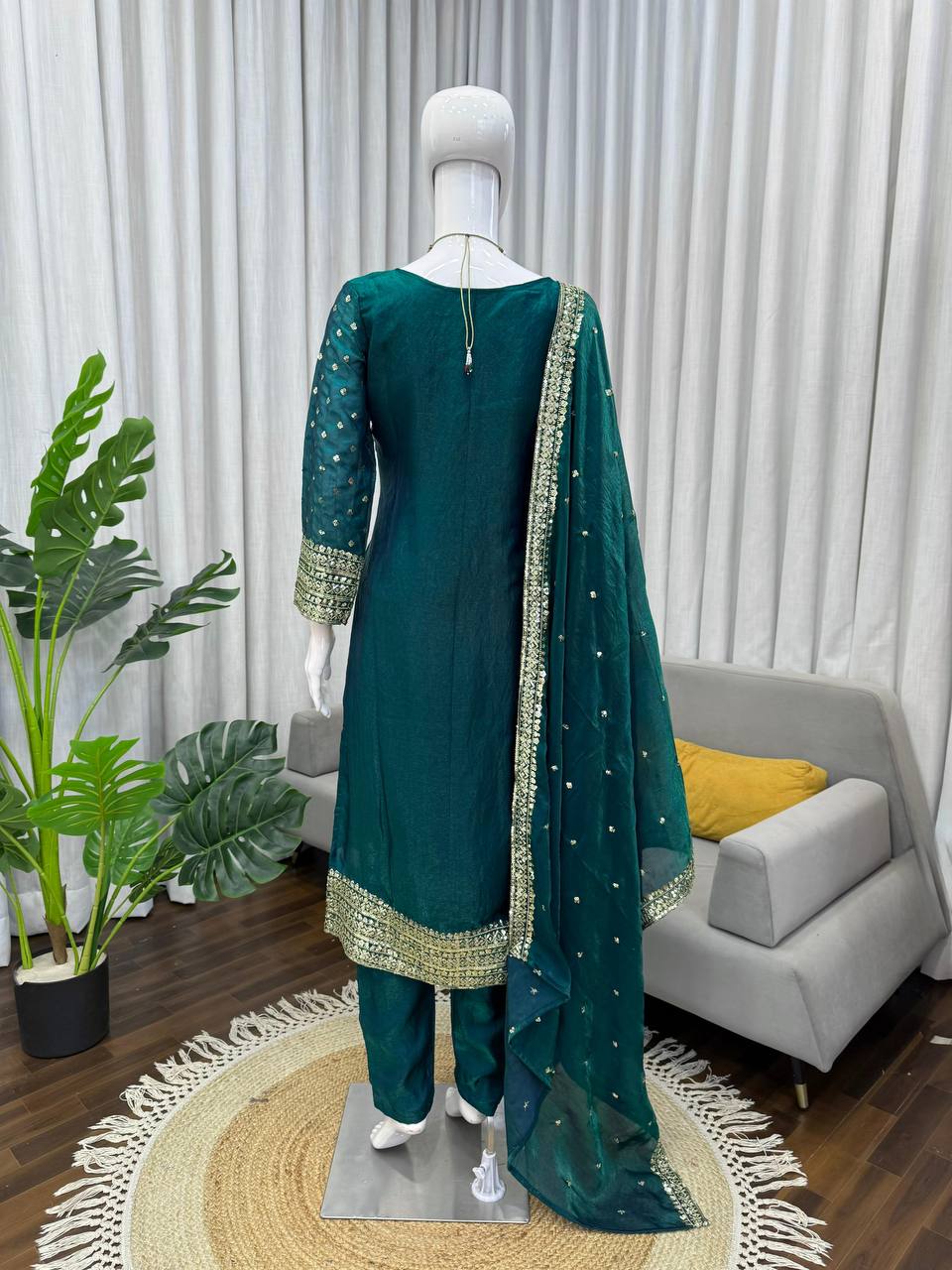 Premium Fendy Silk Top, Pant & Dupatta – Thread & Sequins Embroidery Work