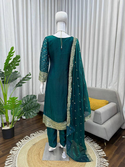Premium Fendy Silk Top, Pant & Dupatta – Thread & Sequins Embroidery Work
