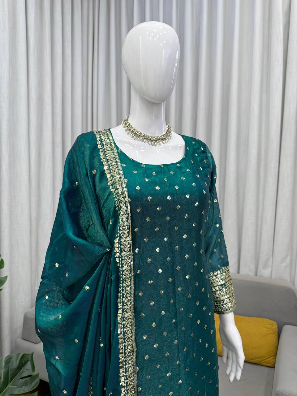 Premium Fendy Silk Top, Pant & Dupatta – Thread & Sequins Embroidery Work