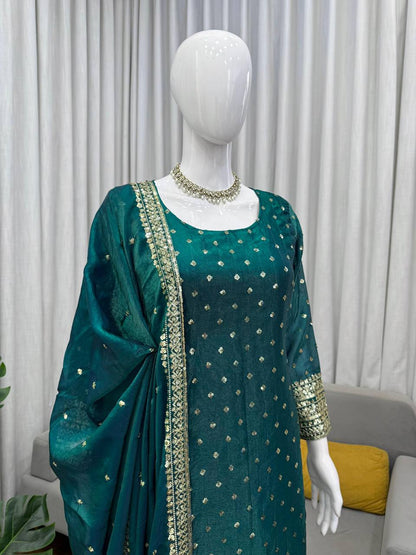 Premium Fendy Silk Top, Pant & Dupatta – Thread & Sequins Embroidery Work