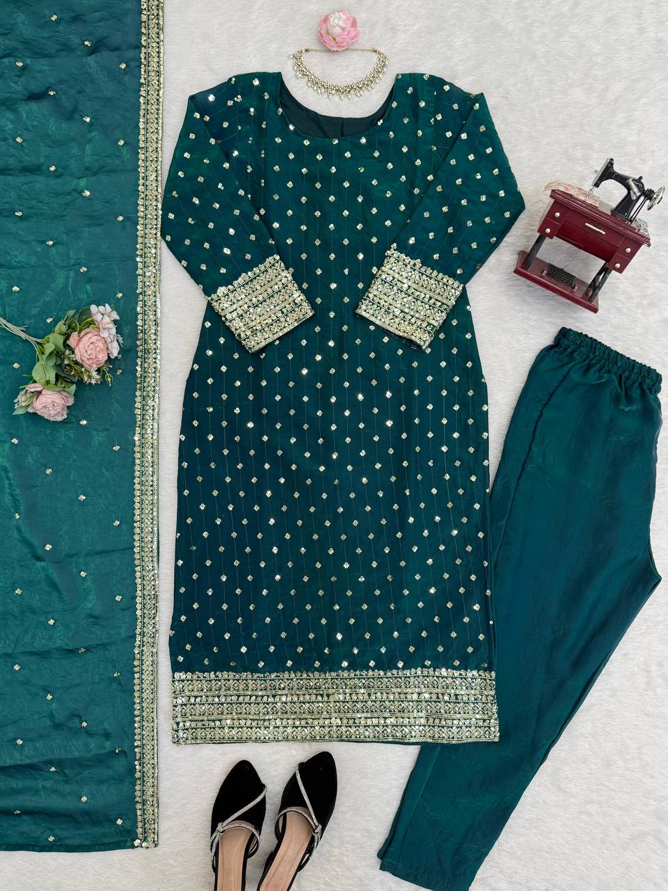Premium Fendy Silk Top, Pant & Dupatta – Thread & Sequins Embroidery Work
