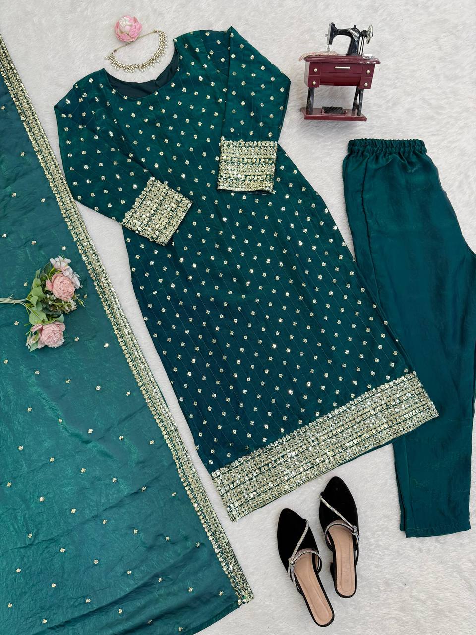 Premium Fendy Silk Top, Pant & Dupatta – Thread & Sequins Embroidery Work