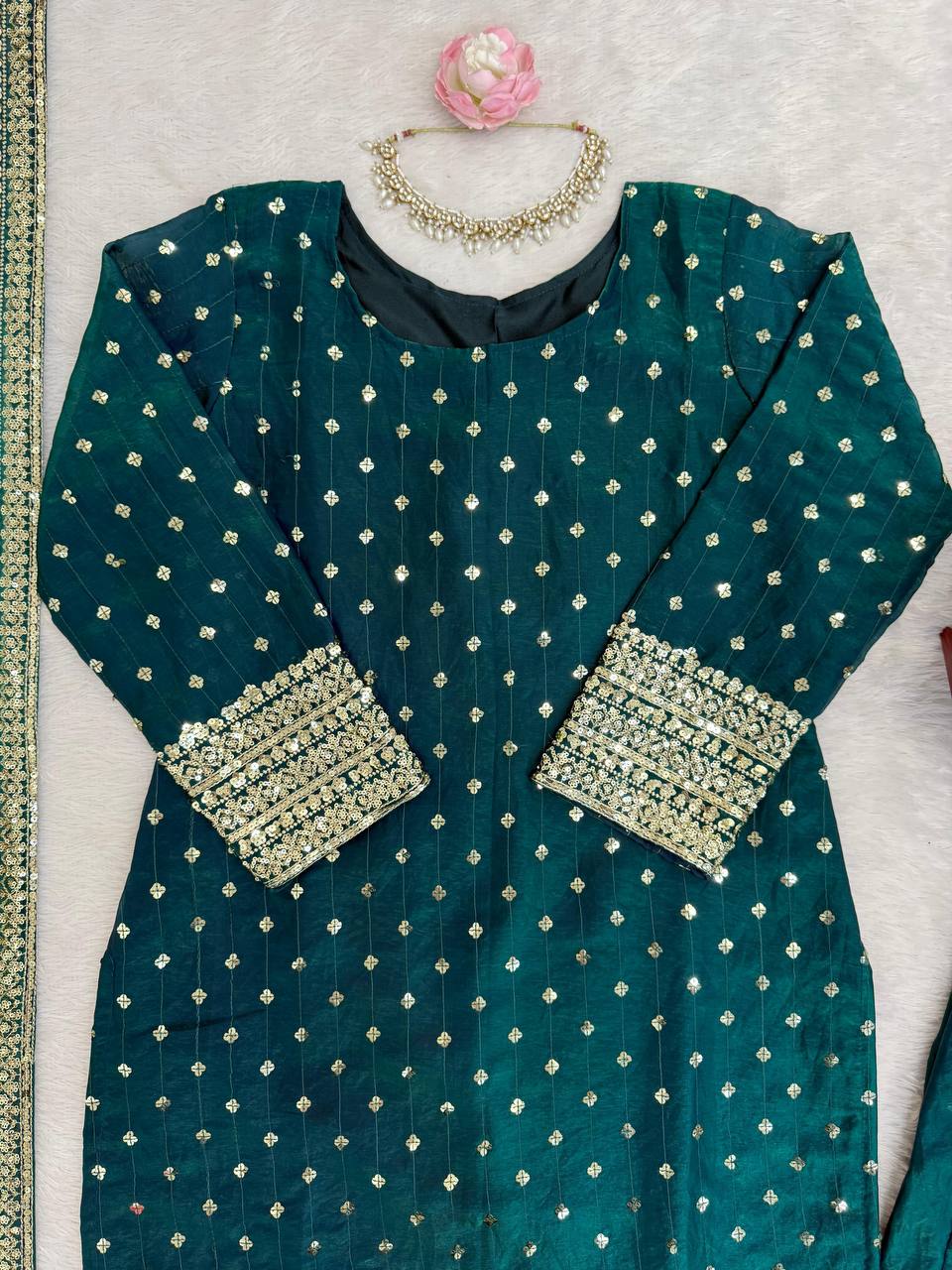 Premium Fendy Silk Top, Pant & Dupatta – Thread & Sequins Embroidery Work